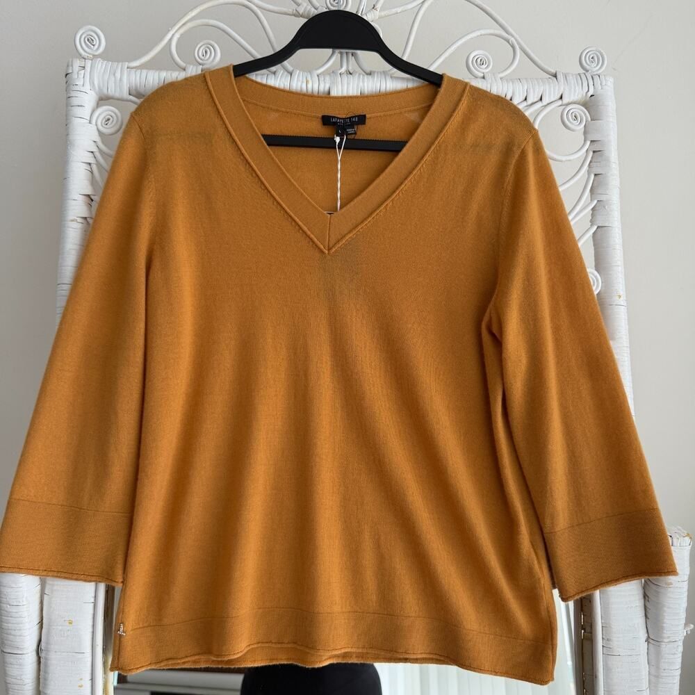 Lafayette 148 Sweater Womens Large 100% Cashmere V Neck Mustard‎ Yellow Luxury